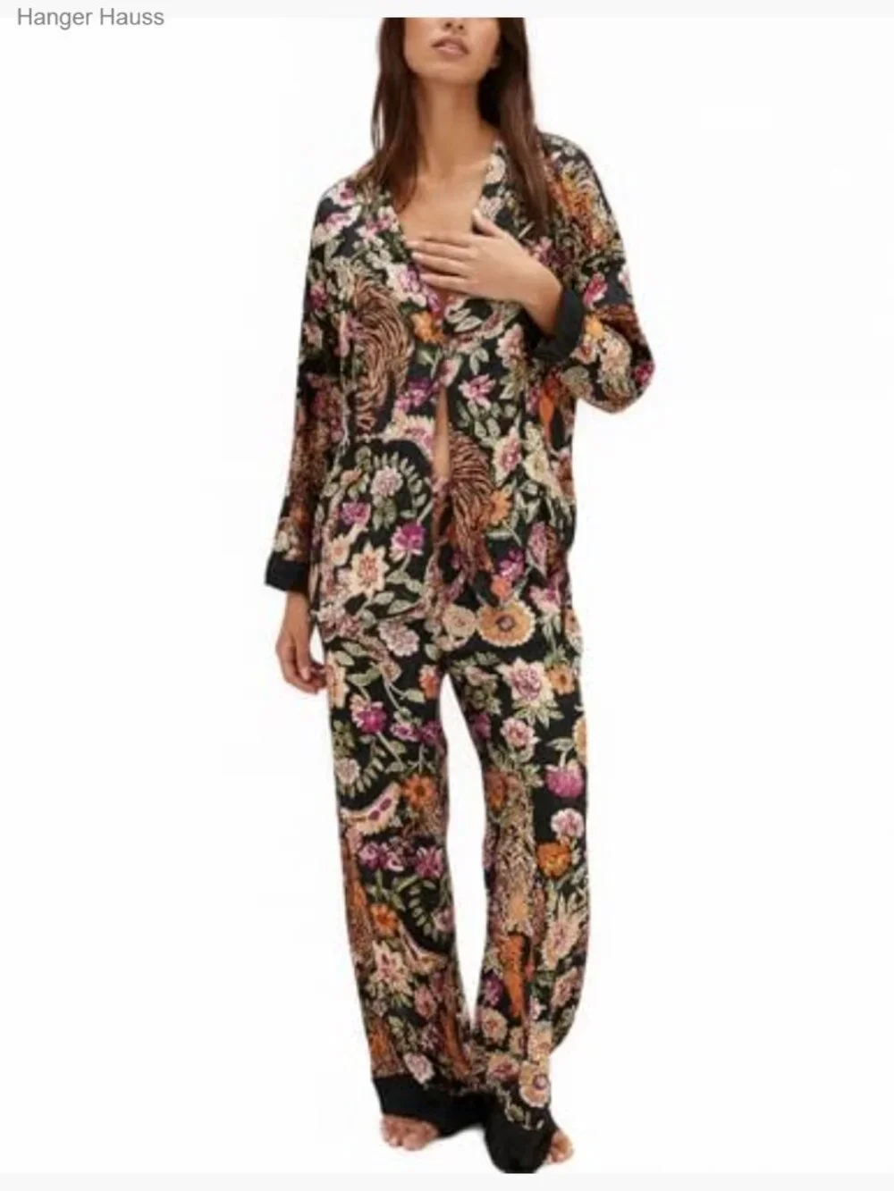 Women Satin Pajama Set 2 Piece Floral Long Sleeve Button Down Wide Leg Pants